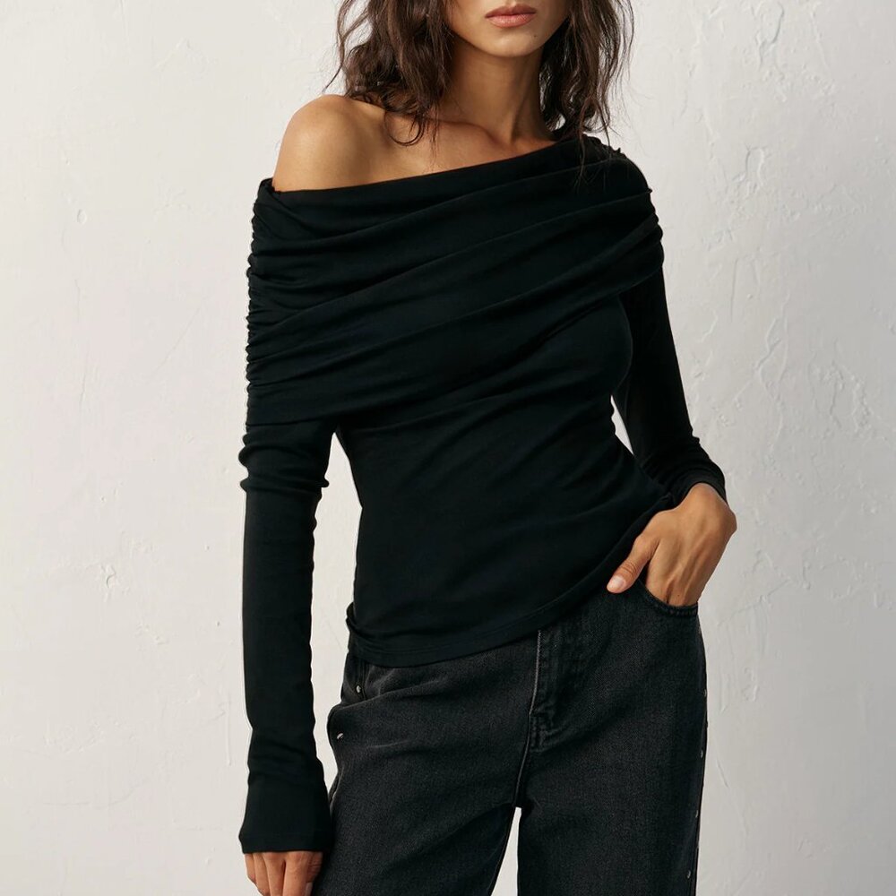 Off-Shoulder Ruched Wool Blend T-Shirt